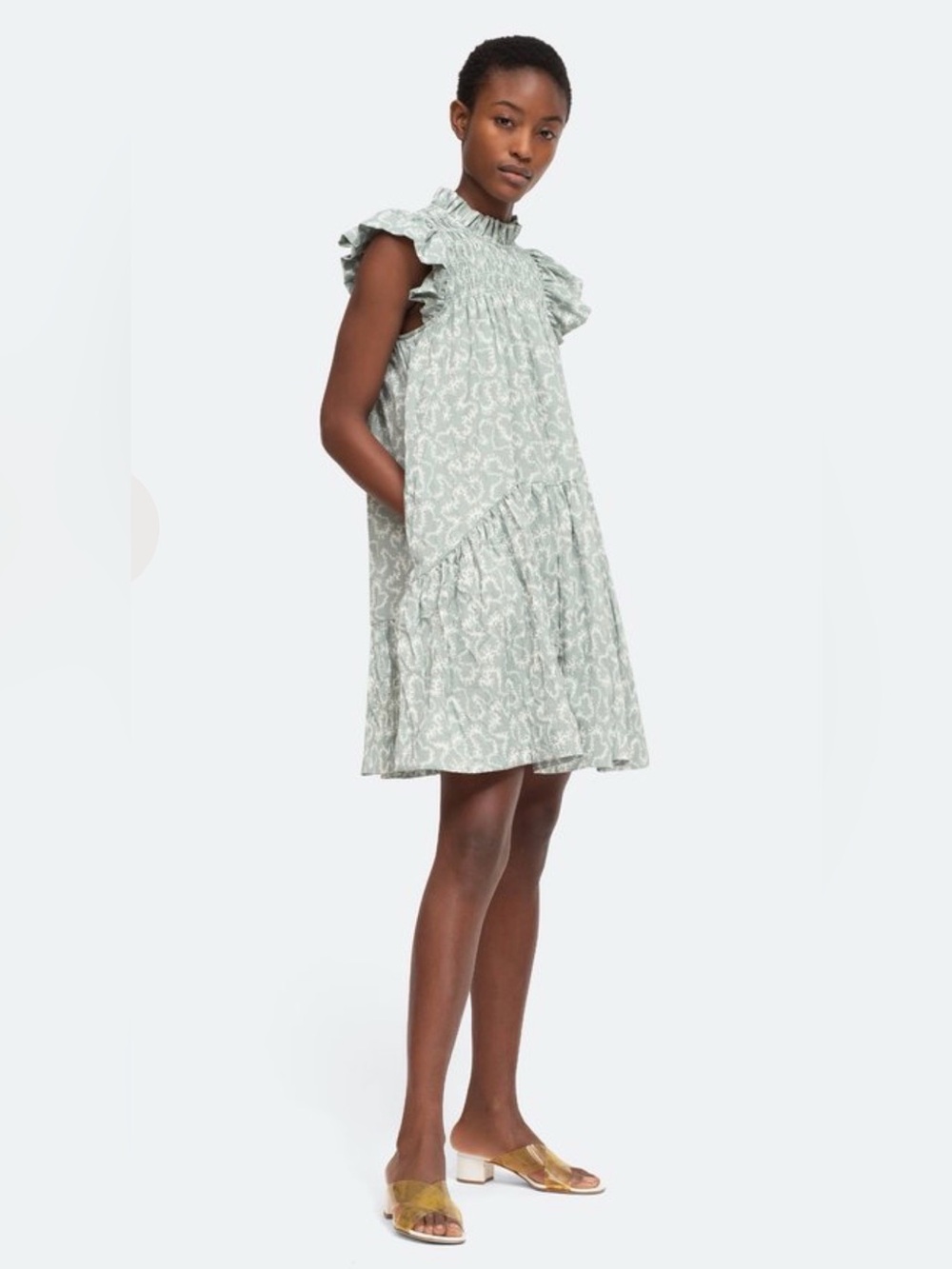 Sea New York Mint and Cream Mock Neck Smocked Mini Dress.  Sz Small